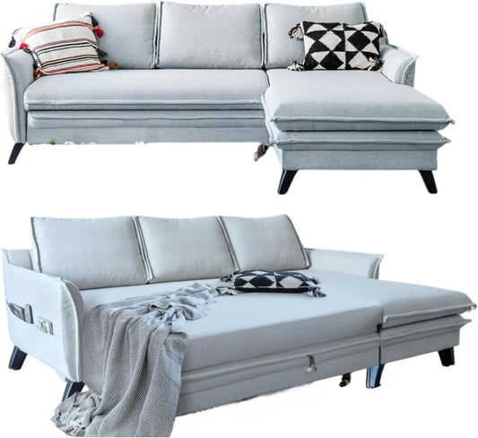 Sofa narożna – tapicerka materiałowa, z drewna, rozkładana konstrukcja, tapicerka materiałowa
