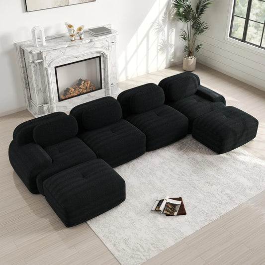 Sofa narożna — modułowa konstrukcja, w kształcie litery U, ze sztruksu, 74 cm, czarny