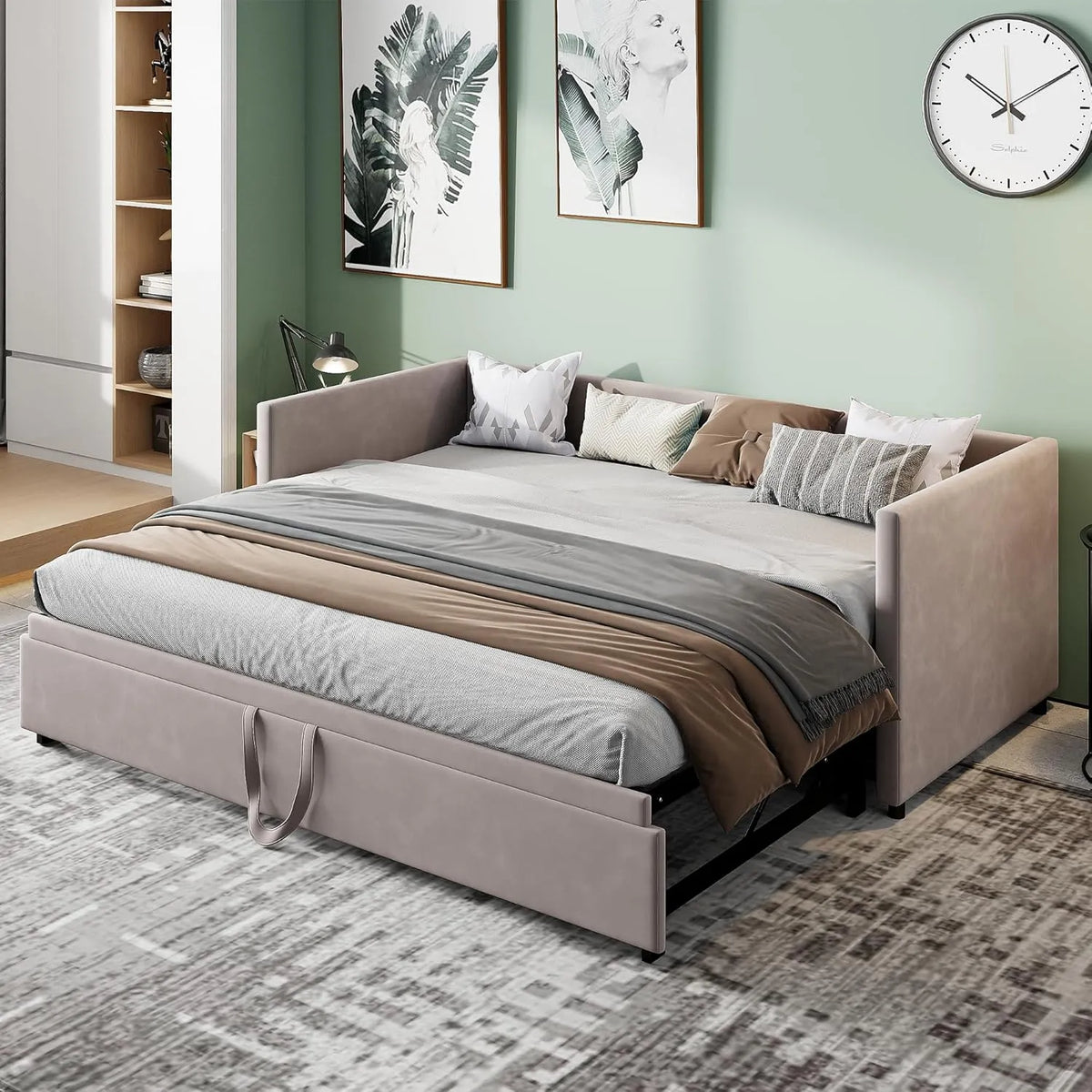 Sofa: tapicerka materiałowa, tapicerka aksamitna, 2-osobowa, 180 × 200 cm, szary, rozkładana konstrukcja, tapicerka materiałowa
