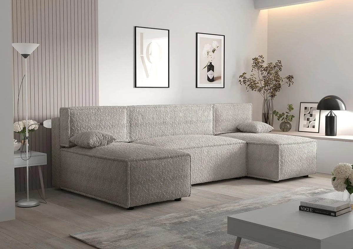 Sofa narożna – z funkcją spania, tapicerka bouclé, 290 cm, 85 cm, 105 cm