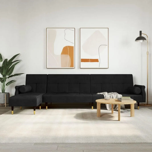 Sofa – w kształcie litery L, z funkcją spania, tapicerka aksamitna, 271 × 140 × 70 cm, czarny