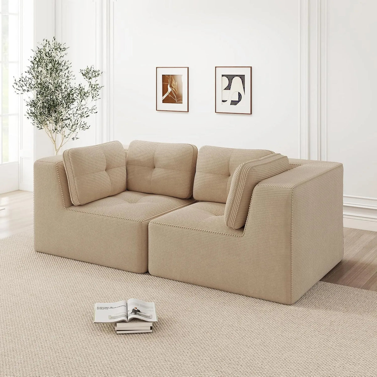 Sofa – modułowa konstrukcja, ze sztruksu, z podłokietnikami, 2-osobowa, beżowy