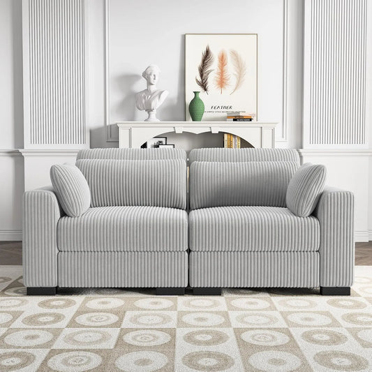 Sofa — modułowa konstrukcja, ze sztruksu, z podłokietnikami, z poduszkami, 2-osobowa, szary