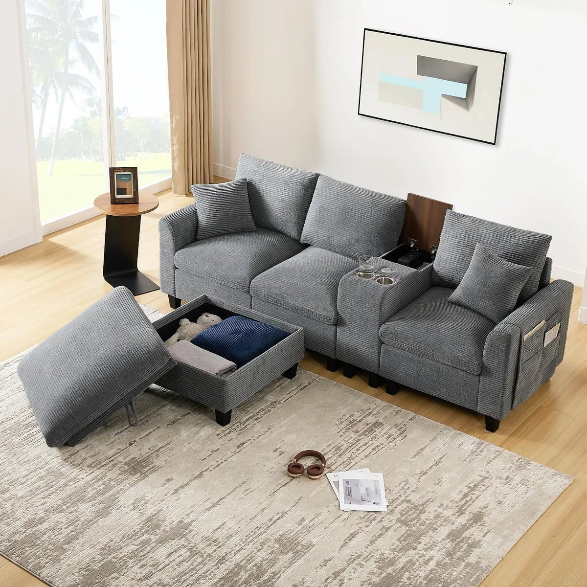 Sofa narożna — w kształcie litery L, z podłokietnikami, z portem USB