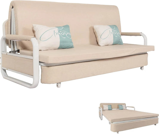 Sofa – HWC-M83, tapicerka materiałowa, z funkcją spania, 190 × 185cm, beżowy, z pojemnikiem do przechowywania, tapicerka materiałowa