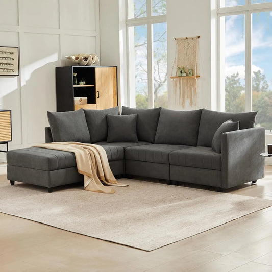 Sofa narożna – modułowa konstrukcja, w kształcie litery L, 5-osobowa, rozkładana konstrukcja