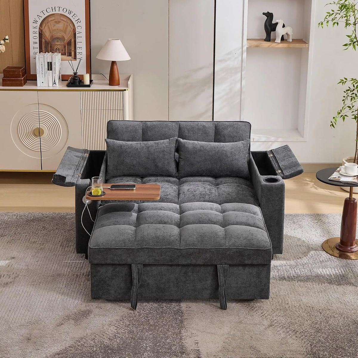 Sofa – z oparciem, z portem USB, składana konstrukcja, regulowana konstrukcja, 2-osobowa, 140, 5 × 74 × 82 cm, 3 w, rozkładana konstrukcja