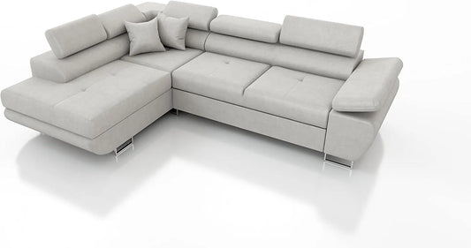Sofa narożna – w kształcie litery L, z szufladami, z funkcją spania, z poduszkami, regulowana konstrukcja