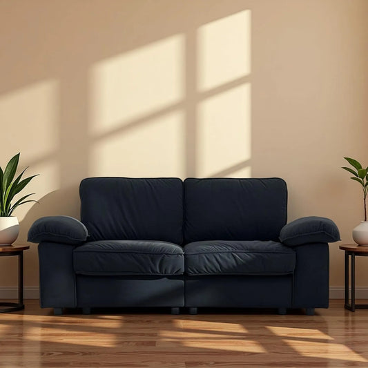 Sofa: tapicerka materiałowa, z drewna, kompaktowa konstrukcja, z podłokietnikami, 2-osobowa, czarny, tapicerka materiałowa