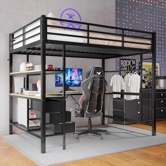 Łóżko piętrowe i łóżko wysokie – z szufladami, ze schodami, z biurkiem, z portem USB, 3 szuflady, 140 × 200 cm, czarny, z oświetleniem LED