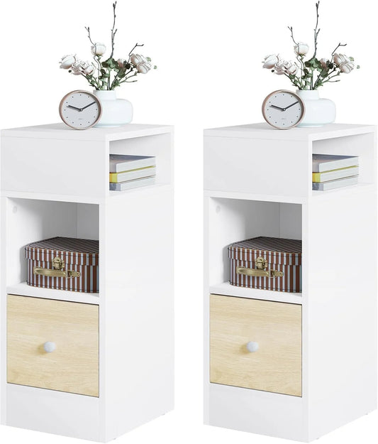 Wąski stólik nocny zestaw 2 sztuki – z drewna, z szufladami, 1 szuflad, 25 × 66 × 30 cm, biały