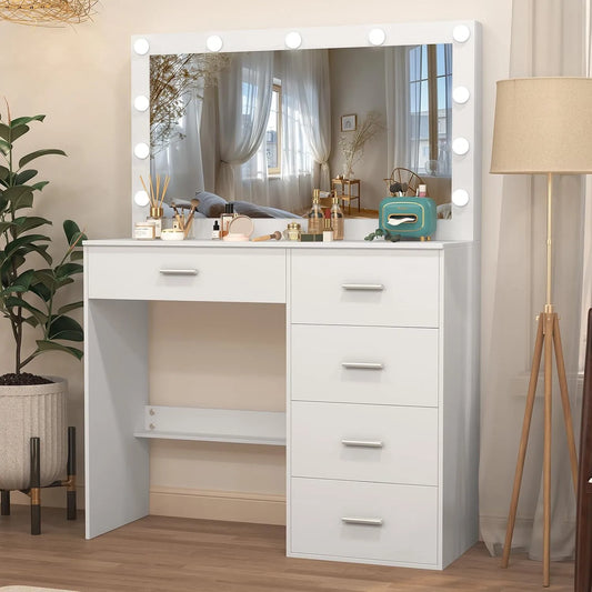 Toaletka i stolik do makijażu do makijażu z lustrem i przyciemnianym światłem: J1850, z szufladami, 5 szufladami, 36 × 80 × 131 cm, biały