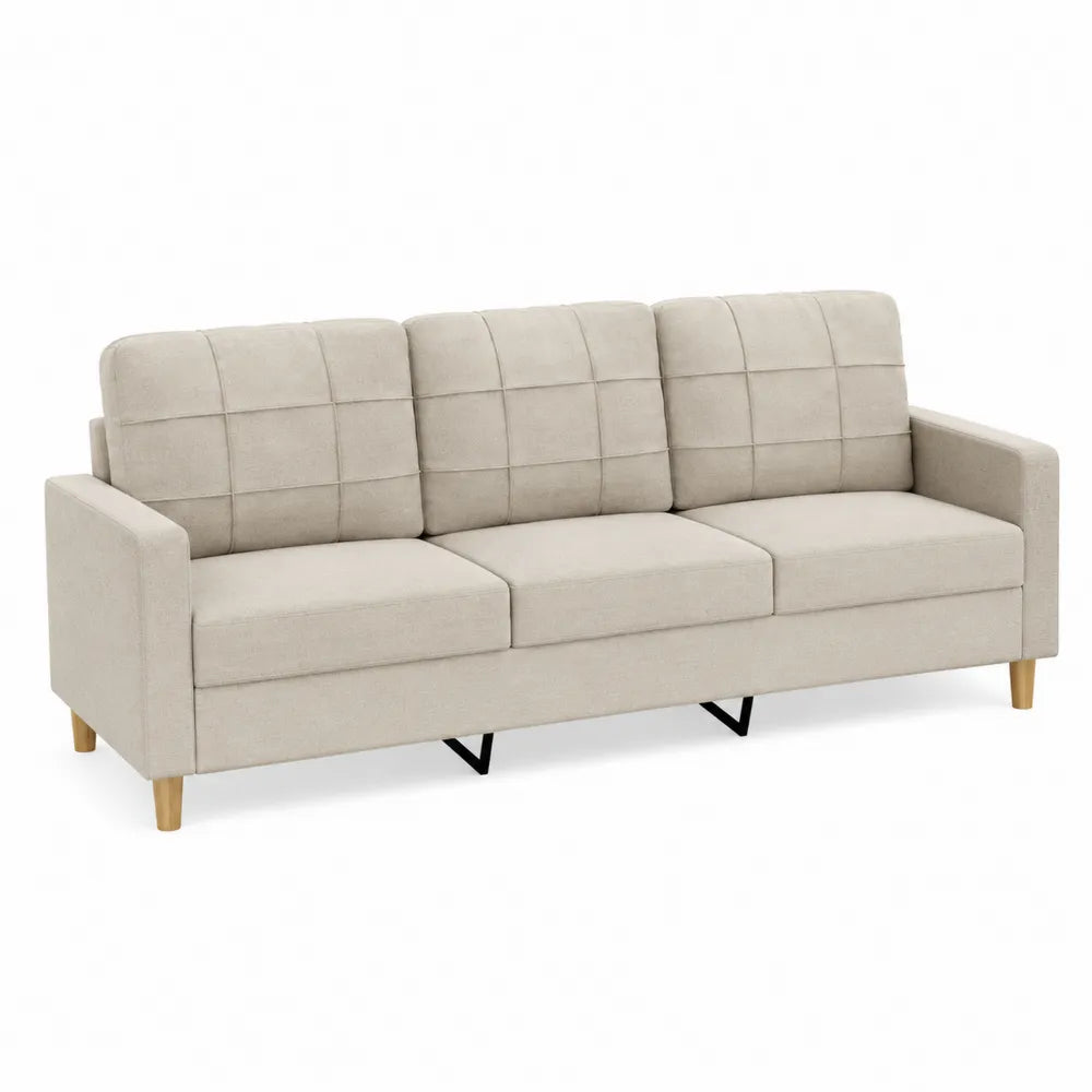 Sofa trzyosobowa tkanina beżowa z drewnianymi nogami