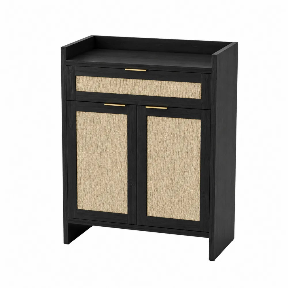 Komoda z drewna i rattanu Czarna 90x75x35cm